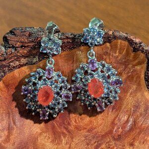 PROM IDEAS - Carnelian Iolite Amethyst Sterling Silver Earrings - UNIQUE!